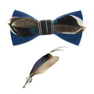 Mens Natural Feather Pre-Tied Bow tie & Lapel Pin